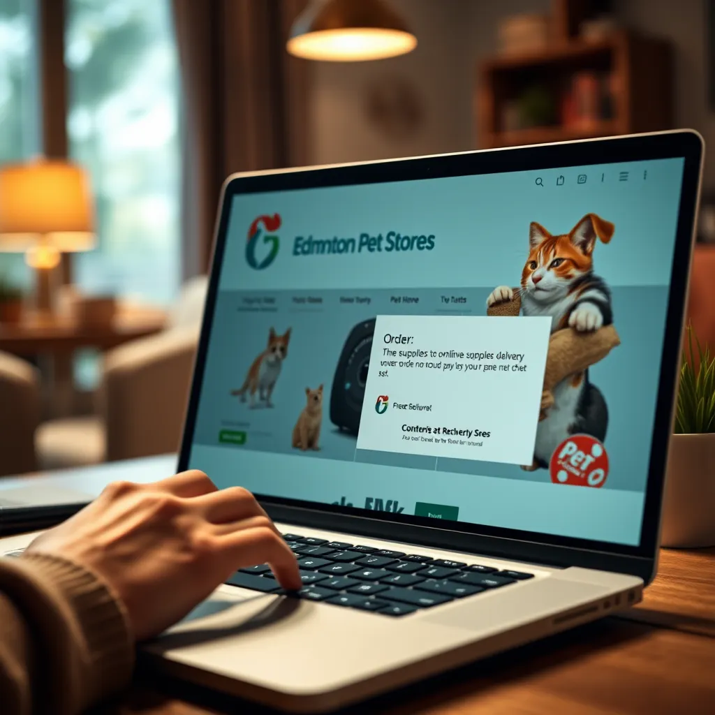 A close-up shot of a person using a laptop to browse through a website, placing an online order for pet supplies. The website's design prominently features the Edmonton Pet Stores logo, and a notification pops up confirming the free delivery order. The background is a warm, inviting home office setting.