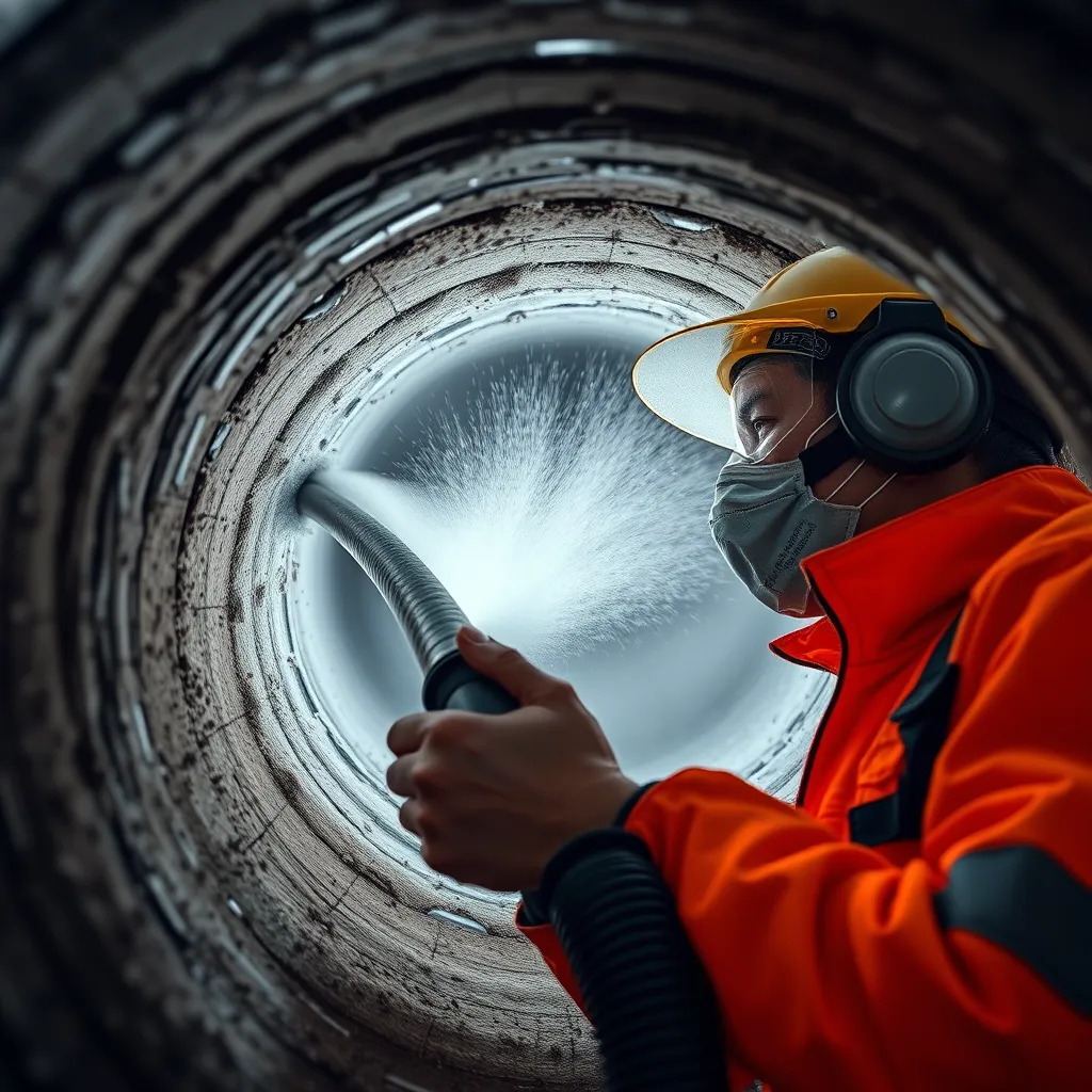  A close-up shot of a professional duct cleaning technician using a powerful vacuum hose to clean the inside of an air duct. The duct should be visible, with dust and debris being removed. The technician should be wearing protective gear and a bright, professional uniform.