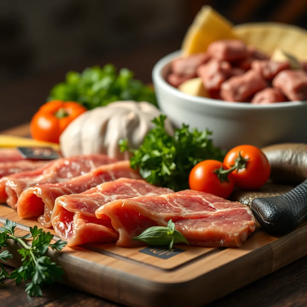 A close-up shot of a variety of fresh, raw meat and vegetables arranged on a wooden cutting board, with a bowl of raw pet food in the background. The lighting should be warm and inviting, showcasing the vibrant colors of the ingredients.