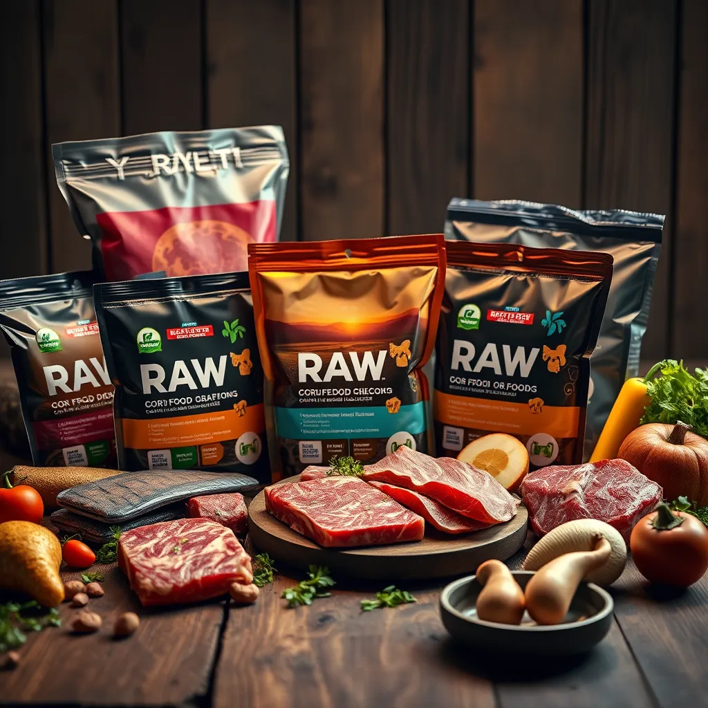 A close-up shot of a variety of raw dog and cat food packages arranged on a rustic wooden table. Include fresh ingredients like meat, vegetables, and fruits scattered around the packages.  The lighting should be warm and inviting, highlighting the vibrant colors and textures of the food.