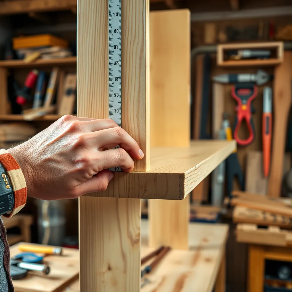 A close-up shot of a well-crafted wooden shelf, with the handyman's hand precisely measuring the length of a piece of wood using a ruler. The scene is set in a workshop with various tools and materials surrounding them, showcasing their expertise and dedication.