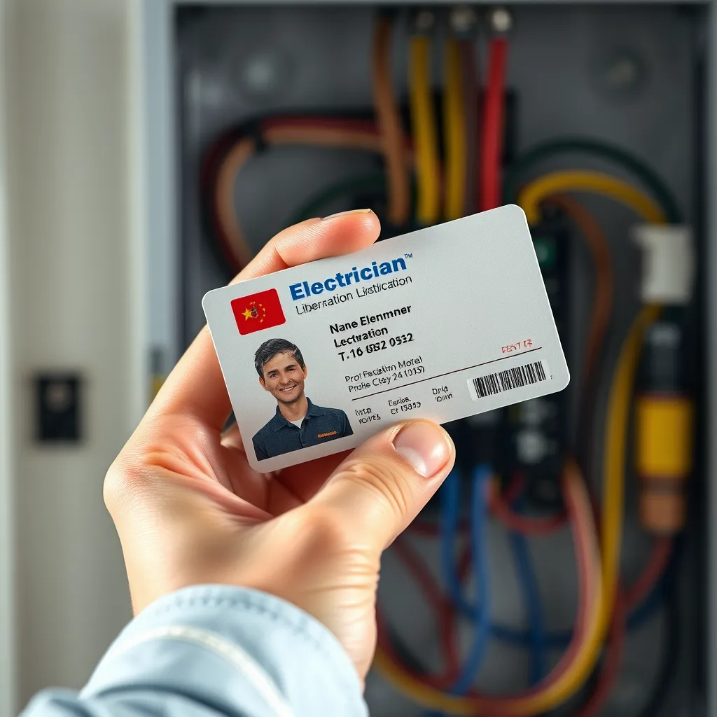 A close-up shot of an electrician's hand holding a license card, with a blurred background of a home's electrical panel. The license card should be clearly visible, with the electrician's name and license number printed on it. The image should convey a sense of professionalism and trustworthiness.