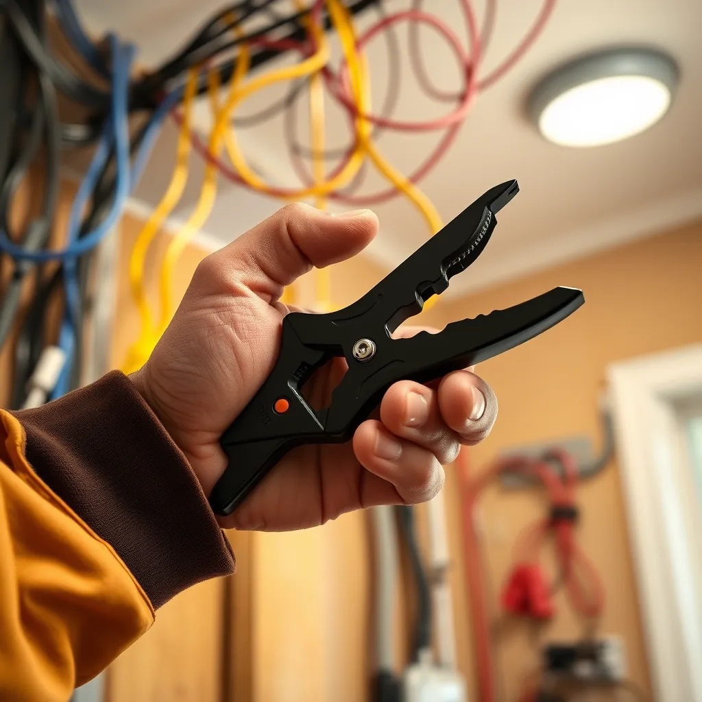 A close-up shot of an electrician's hand holding a pair of wire strippers, with a background of a partially finished electrical wiring installation in a residential home. The image should convey professionalism, precision, and expertise.