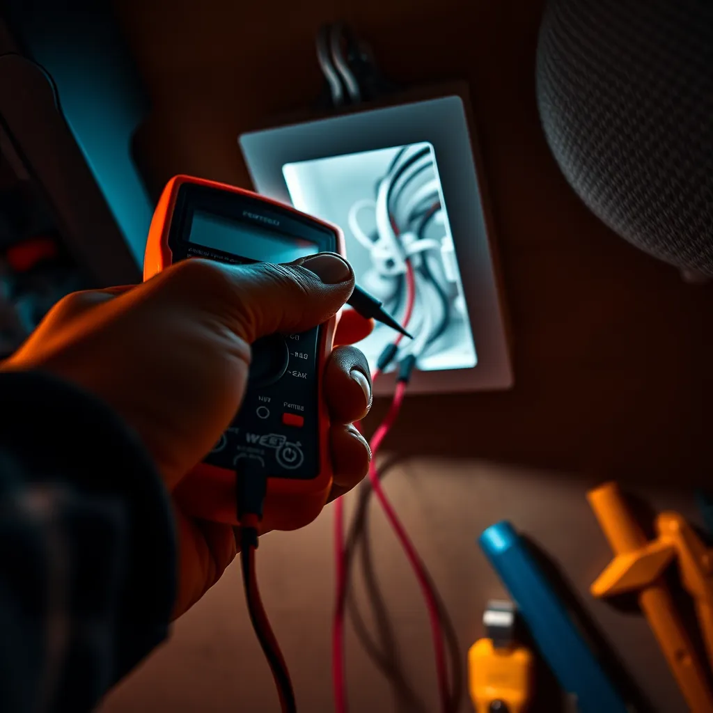 A close-up shot of an electrician's hand holding a multimeter, with the probe touching a wire inside an electrical outlet. The image should focus on the hand, the multimeter, and the wiring, with the background blurred to create a sense of focus. The lighting should be dramatic and directional, emphasizing the details of the multimeter and the wires. The color palette should be warm and inviting, with a touch of blue to represent the electricity. The image should be captured from a low angle, emphasizing the electrician's expertise and the complexity of the task. The overall mood should be one of confidence, competence, and problem-solving.  The image should be ultra-detailed, with sharp focus and textures, including the multimeter's display, the wiring's insulation, and the electrician's hand. The background should include a glimpse of tools and equipment, signifying the electrician's expertise and readiness. The image should be in the style of a professional industrial photography, with a clean and simple composition.