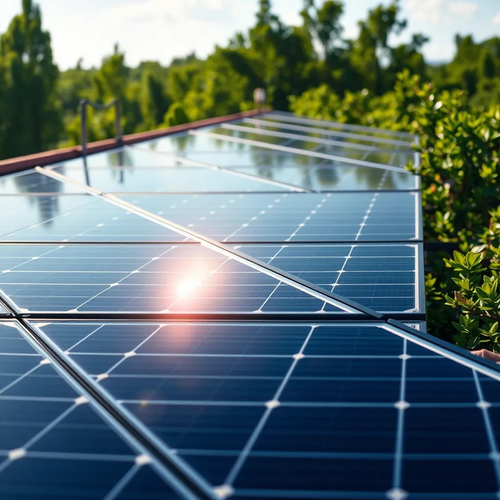 A close-up shot of solar panels on a roof, capturing the intricate details and sleek design. The panels should be surrounded by lush greenery, emphasizing the environmentally friendly nature of solar energy. Sunlight should be streaming onto the panels, highlighting their ability to harness the power of the sun.