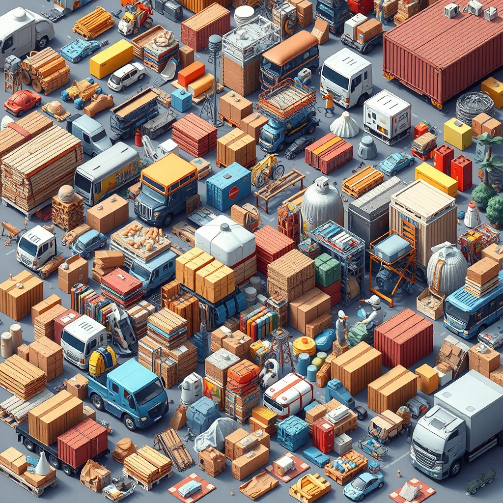 A colorful illustration depicting a diverse assortment of goods, including raw materials like lumber and metal, finished products like furniture and electronics, and consumer goods like clothing and food, arranged in a way that highlights their variety and movement within the transportation industry.