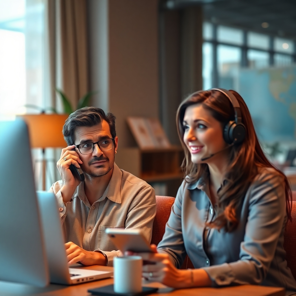 A concerned traveler on the phone with a travel agent in a cozy office setting, showcasing a friendly agent with headphones assisting them, emphasizing the support and comfort provided, with warm tones and soft focus.