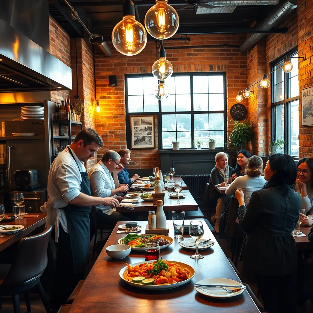 A cozy, modern restaurant with exposed brick walls and a warm atmosphere. A chef is preparing a delicious-looking dish with fresh, locally sourced ingredients. Customers are happily enjoying their meals at communal tables, engaged in lively conversation.