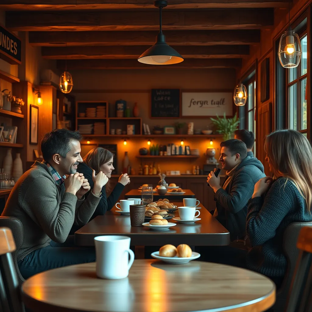 A cozy, well-lit cafe with a warm, inviting atmosphere. The image should feature a group of friends enjoying coffee and pastries, creating a sense of community and relaxation. The cafe's interior should be charming and inviting, with rustic elements and a comfortable setting.