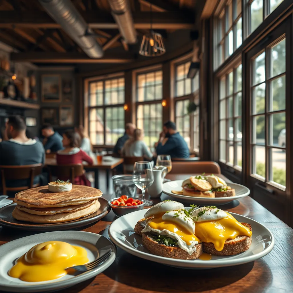 A cozy cafe with a rustic interior, sunlight streaming through large windows. People are enjoying a variety of brunch dishes - fluffy pancakes, eggs benedict, and a plate of avocado toast.  The cafe has a warm, inviting atmosphere.
