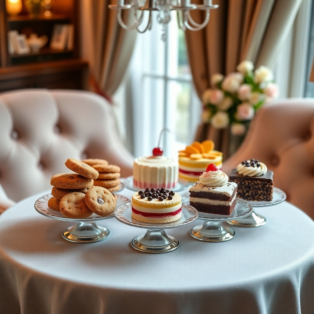 A cozy, inviting setup showcasing an array of sweets placed on an elegant table, ready for selection. The image highlights the range of offerings, from cookies to unique cakes, with soft lighting capturing the delectable textures. The setting is designed to convey accessibility and enjoyment, portraying the experience of enjoying dessert favorites from 'Secret Sweets' on demand. Use a high-quality, photorealistic style for this engaging visual.