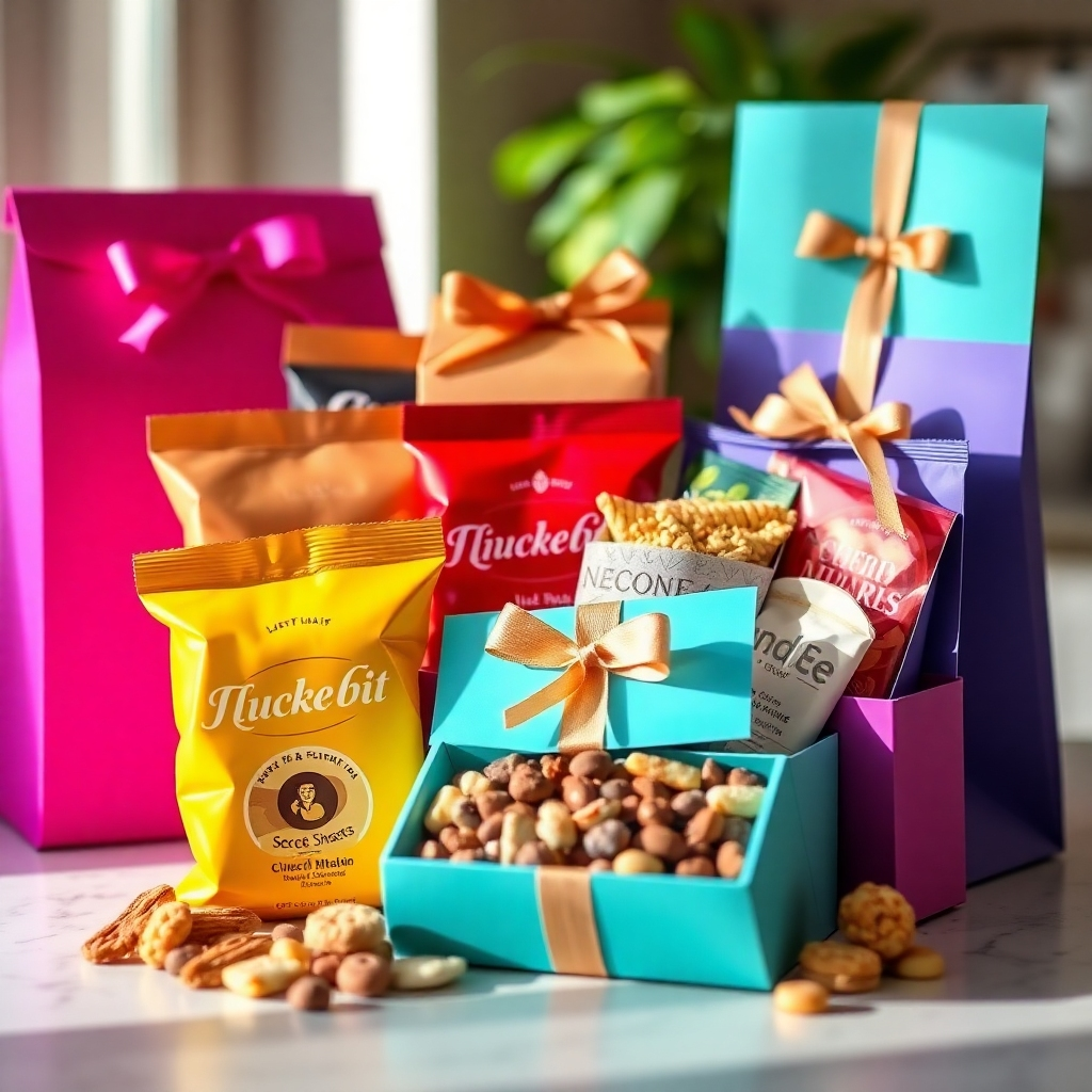 A creative depiction of a selection of gourmet snacks being beautifully packaged for delivery. The bright colors of the snacks contrast against the elegant packaging, and the natural light highlights the enticing textures. This scene conveys a sense of delight and anticipation, ensuring a compelling representation of Secret Sweets’ delivery service.