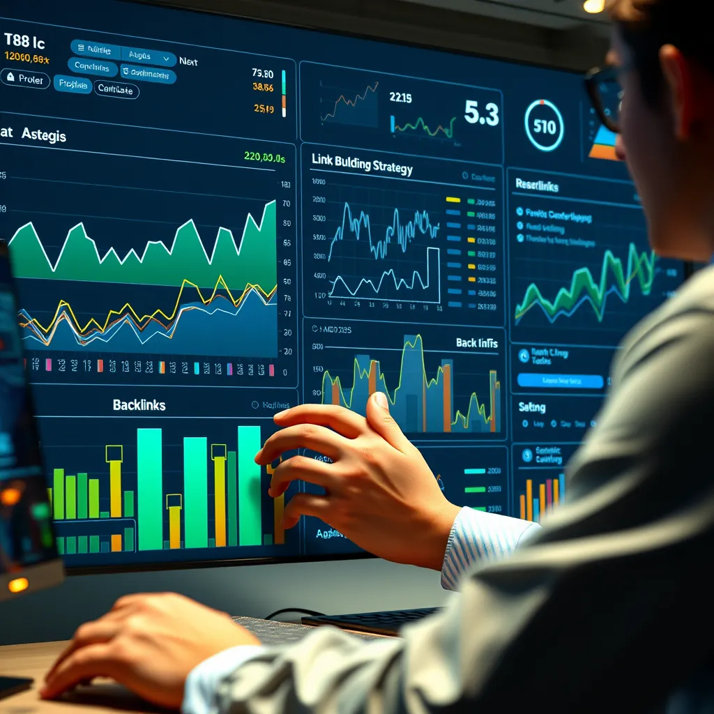 A data dashboard with graphs and charts showing website traffic, backlinks, and other SEO metrics, with a person analyzing the data and making adjustments to link building strategies, representing the monitoring and optimization process.
