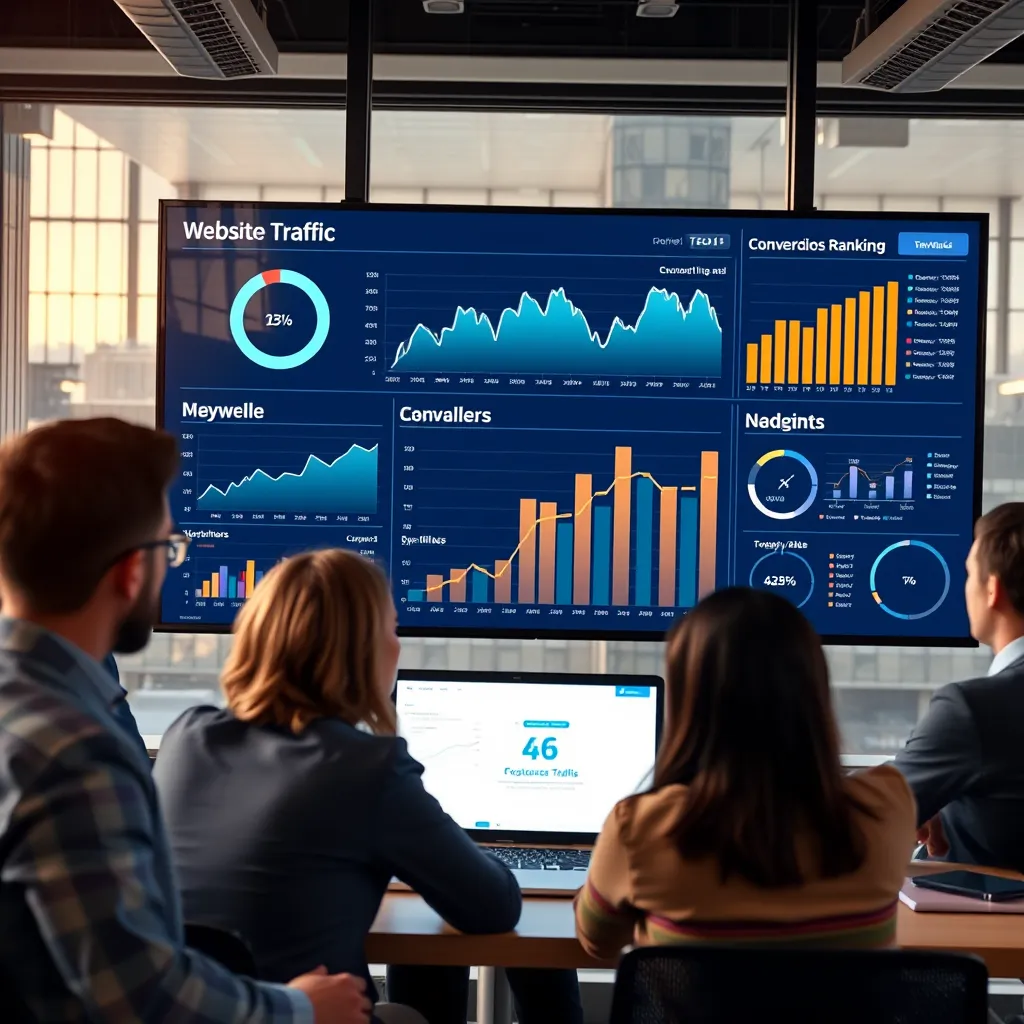 A data visualization dashboard with graphs and charts representing website traffic, keywords ranking, and conversion rate.  The dashboard is displayed on a large screen in a modern office with a team of professionals analyzing the data.