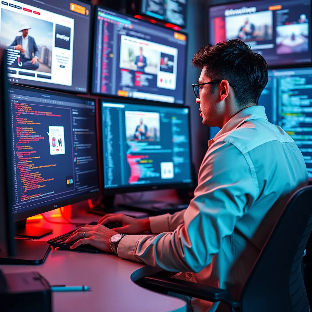A designer working on a computer, surrounded by digital screens displaying website mockups and code. The scene is vibrant and modern, emphasizing speed and efficiency. The designer is wearing a stylish, modern outfit and is focused on their work, conveying a sense of professionalism and dedication.