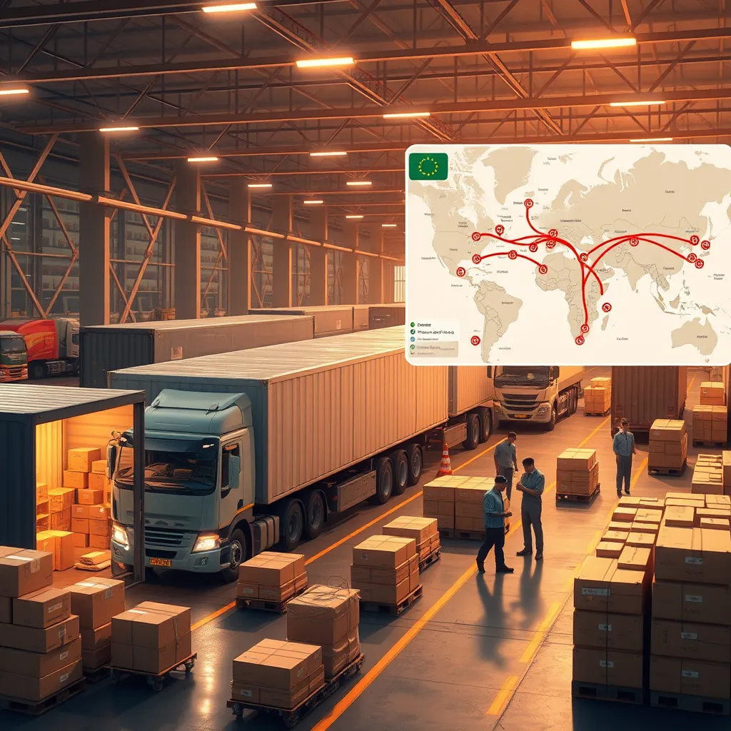 A detailed illustration of a logistics center with various stages of general freight transportation. The image should depict trucks loading and unloading goods, workers meticulously organizing packages, and a map with optimized delivery routes highlighted, emphasizing the importance of meticulous planning in the process.