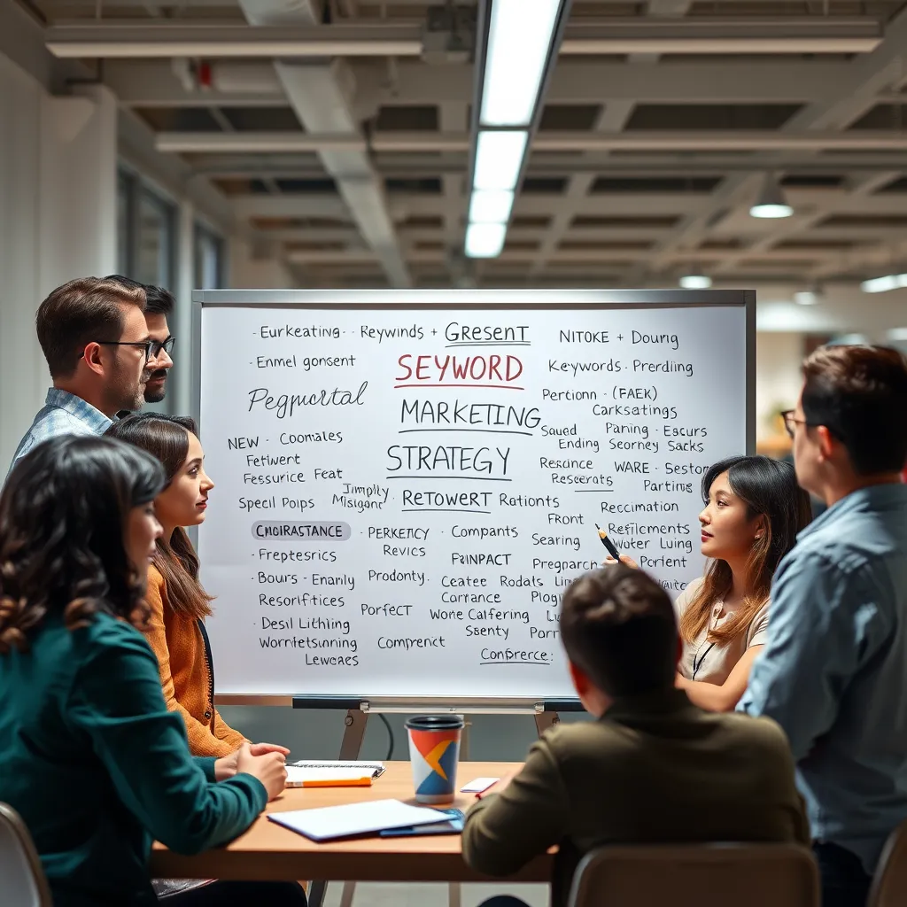 A diverse team of people, representing different backgrounds and skills, brainstorming and collaborating on a digital marketing strategy around a whiteboard filled with keywords and SEO terms. The setting should be a modern, vibrant office space.