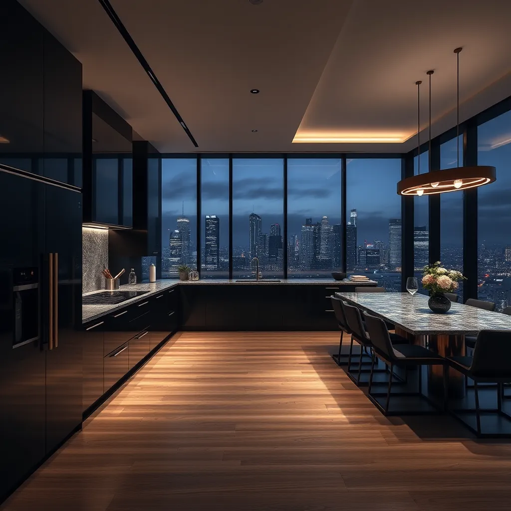 A dramatic, high-contrast image of a luxurious kitchen with sleek, modern appliances and a stunning view of the city skyline. The kitchen features a large island with a breakfast bar and a spacious dining area. The lighting should be dramatic and moody, highlighting the sleek lines and modern design of the kitchen. The image should be captured from a low angle, emphasizing the spaciousness and grandeur of the kitchen. The color palette should be sophisticated and elegant, with a focus on dark grays, blacks, and metallic accents. The image should be in 8K resolution, with ultra-detailed textures and materials, such as granite countertops, stainless steel appliances, and polished wood flooring.