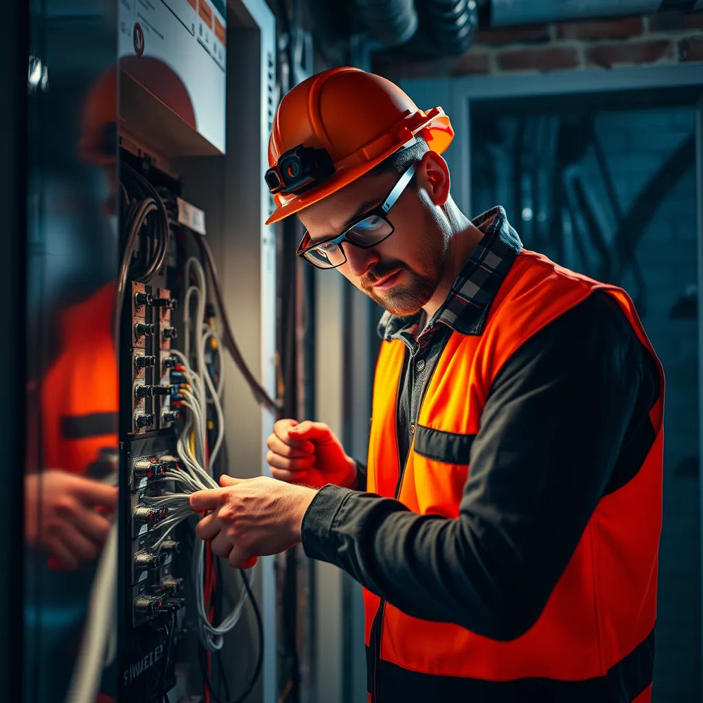 A dramatic image of a handyman, wearing safety glasses and a bright orange work vest, carefully connecting wires in an electrical panel.  The panel is located in a basement setting with exposed brick walls, a concrete floor, and industrial-style lighting casting dramatic shadows.  The image should convey a sense of expertise, precision, and safety. The handyman's face is illuminated, emphasizing his concentration and focus. The wires and electrical components should be rendered with meticulous detail, highlighting their complex nature and the skill required to handle them safely. The image should be captured from a slightly low angle, emphasizing the scale and complexity of the electrical panel. The background should be minimally distracting, allowing the focus to remain on the handyman and his work. Capture the image in a style similar to a professional photograph for an industrial construction company, with a touch of drama and realism.