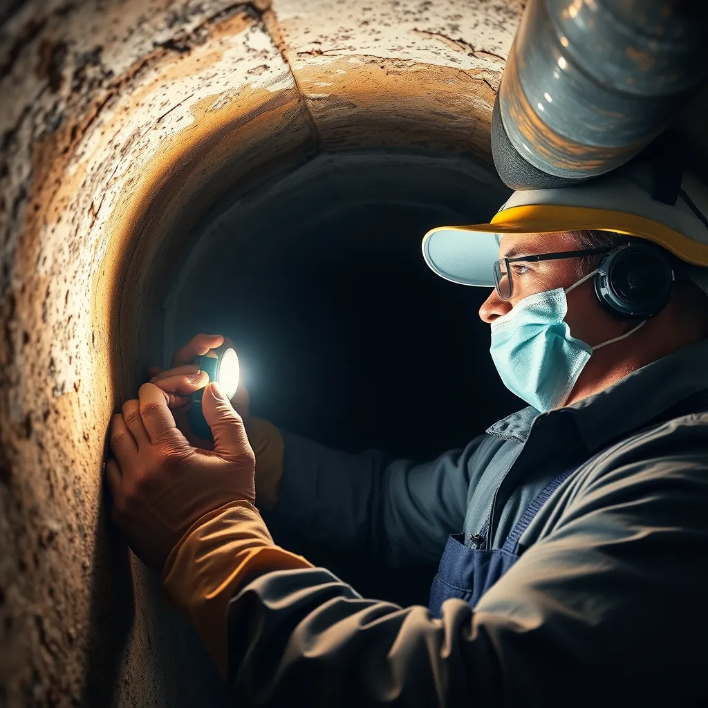  A dramatic image of a professional duct cleaning technician inspecting an air duct for mold growth. The duct should be dark and moldy, with the technician shining a bright light on the area. The technician should be wearing protective gear and a serious expression, highlighting the importance of mold remediation.