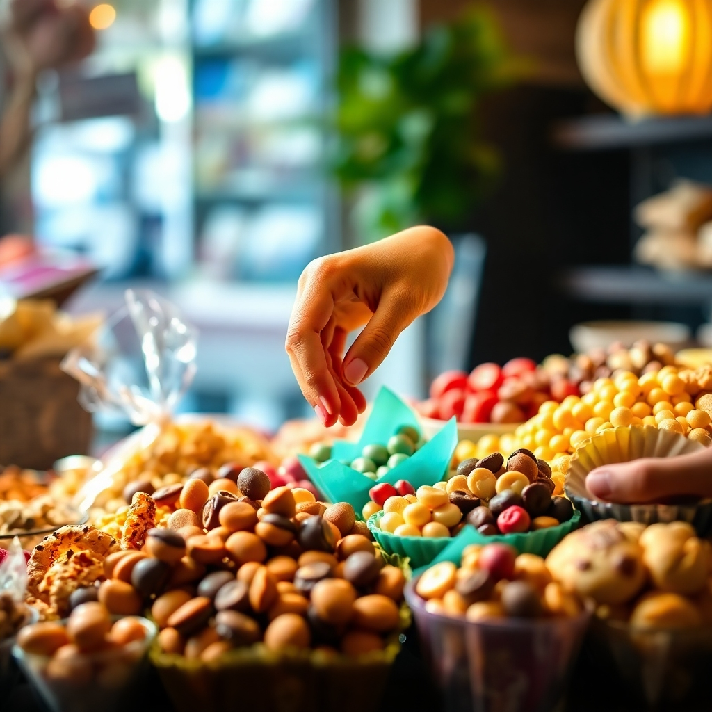A dynamic composition depicting a hand selecting from a beautifully arranged display of gourmet snacks and sweets at Secret Sweets. The emphasis is on rich textures, vibrant colors, and an inviting atmosphere. The lighting accentuates the sheer variety of gourmet goodies available, inviting customers into the delightful world of confectionery. This high-quality visual should evoke a sense of spontaneity and indulgence.