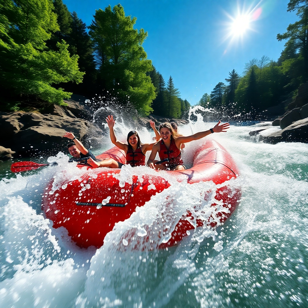 A dynamic scene of an exhilarating white-water rafting expedition on a rugged river, with enthusiastic participants navigating through powerful rapids. The image captures the adrenaline and excitement, featuring vivid splashes of water and expressions of thrill on the rafters’ faces. Bright sunlight casts dramatic reflections on the water surface, enhanced by crisp blue skies. The composition is from a low-angle perspective, allowing viewers to feel immersed in the action. Textures of the wet gear and the rocky riverbanks are sharply defined, drawing attention to the energetic environment. Surrounding trees are lush and verdant, emphasizing the natural beauty of the setting. The style references action sports photography, showcasing every detail in hyperrealistic 8K resolution, aimed at conveying the heart-pounding experience of outdoor adventures.