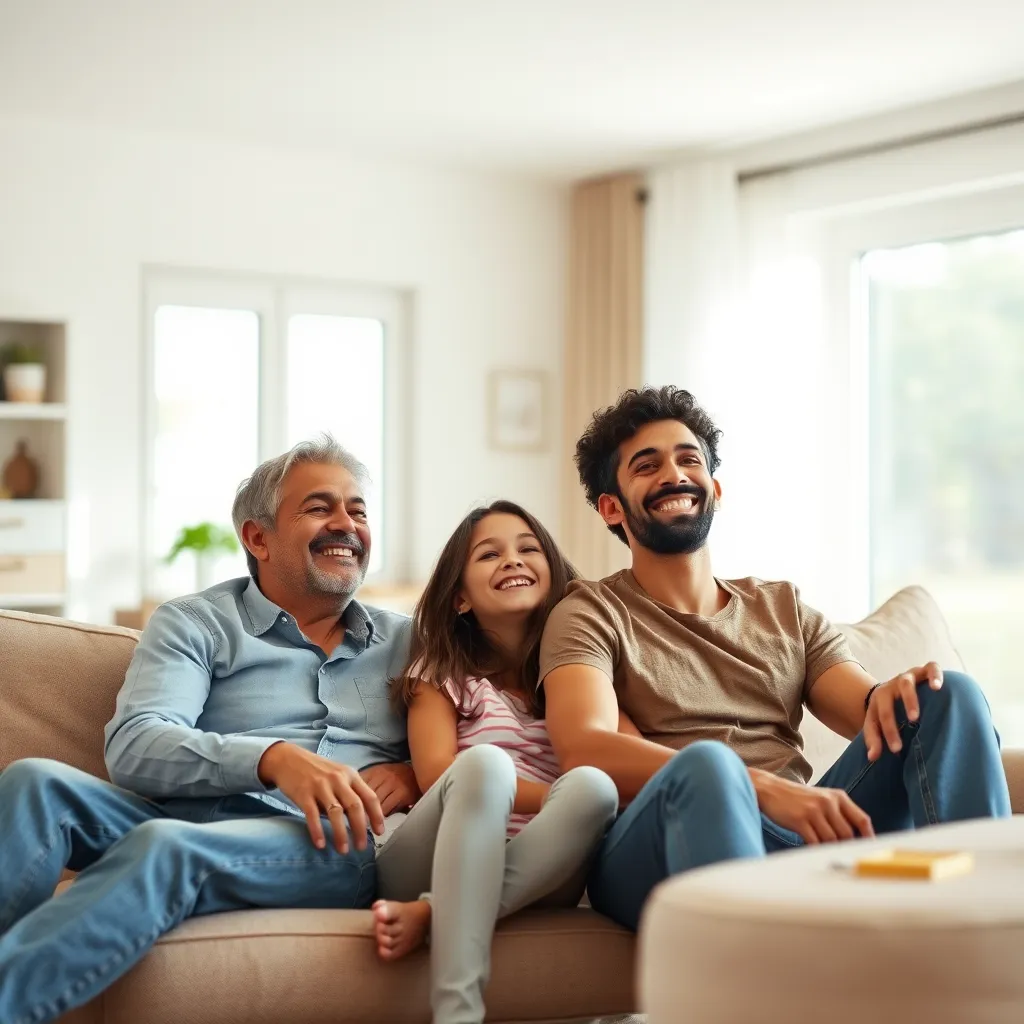  A family is relaxing in a clean and bright living room with a happy expression. The background is a comfortable living room with natural light, showing the family enjoying the fresh and clean air after professional duct cleaning.