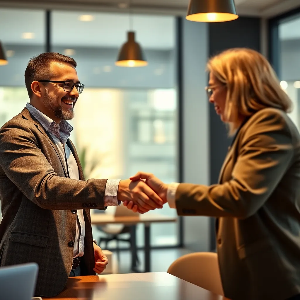 A friendly accountant shaking hands with a client, both smiling and looking at each other. The scene should portray a warm and welcoming atmosphere, highlighting a strong, personal connection.