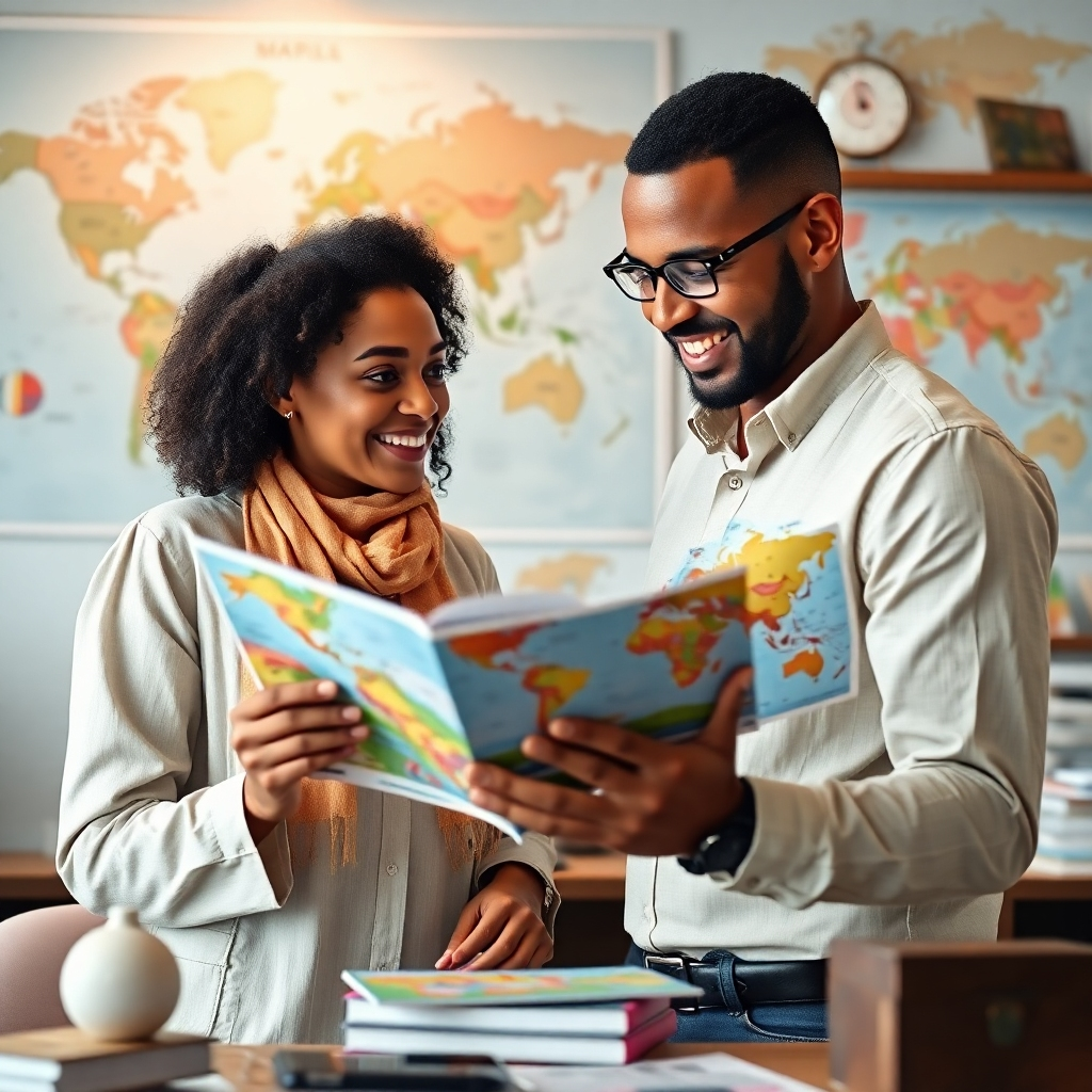 A friendly travel agent of diverse descent showing a map and travel brochures to a couple in an office with world maps and travel souvenirs in the background, capturing excitement and anticipation.