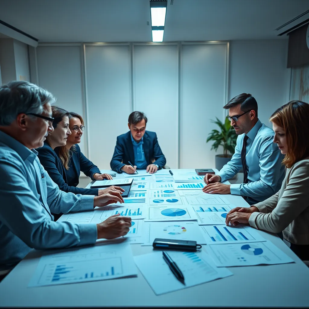 A group of accountants, wearing professional attire, are working together around a large table in a modern office. The table is covered with financial reports, charts, and graphs, reflecting the intricate details of a complex audit. The room is bathed in soft, diffused lighting, creating a focused and professional atmosphere. The accountants are engaged in a lively discussion, their faces reflecting a mix of concentration and collaboration. The image should capture a sense of teamwork and expertise, with the focus on the critical analysis of financial documents. Render in 8K resolution with hyperrealistic detail, capturing the textures of the documents, the intricate details of the charts, and the subtle nuances of the lighting. The color palette should be neutral with pops of vibrant blue, highlighting the importance of accuracy and reliability in financial reporting. The overall mood should convey professionalism, trust, and a commitment to delivering accurate and reliable financial data.