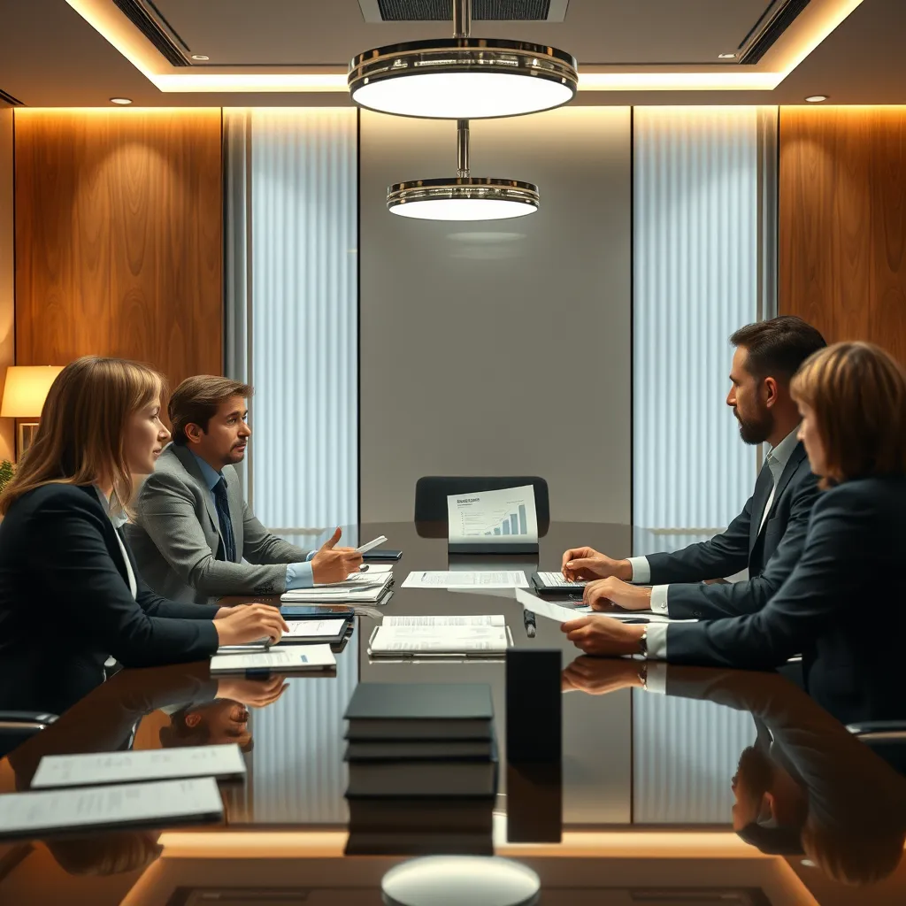 A group of accountants and business professionals meeting with a client in a boardroom, discussing financial plans and strategies. The scene should convey a sense of trust, professionalism, and a shared commitment to achieving client goals.