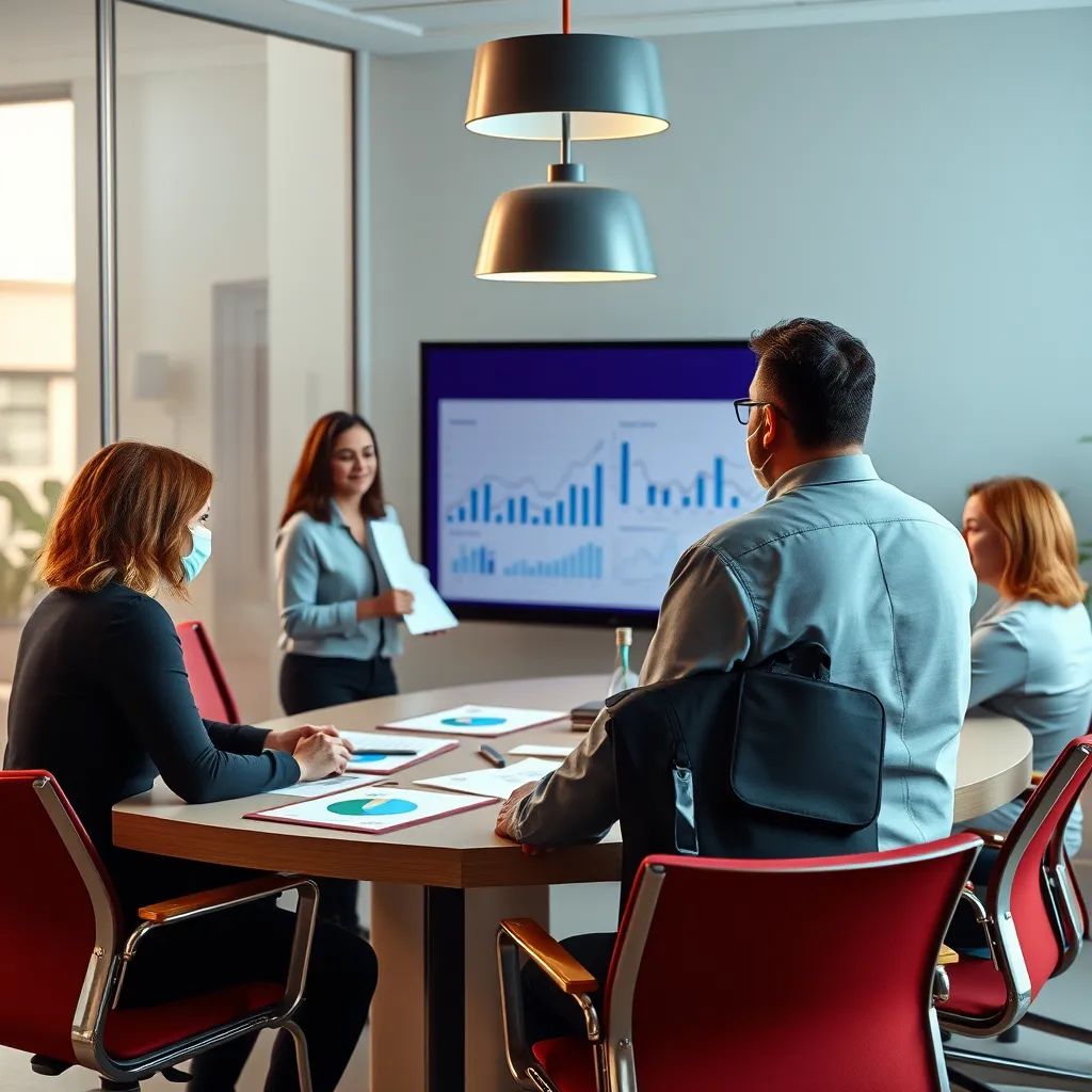 A group of accountants in a conference room, discussing financial charts and graphs with a client. The scene should depict a collaborative and engaging approach to financial planning.