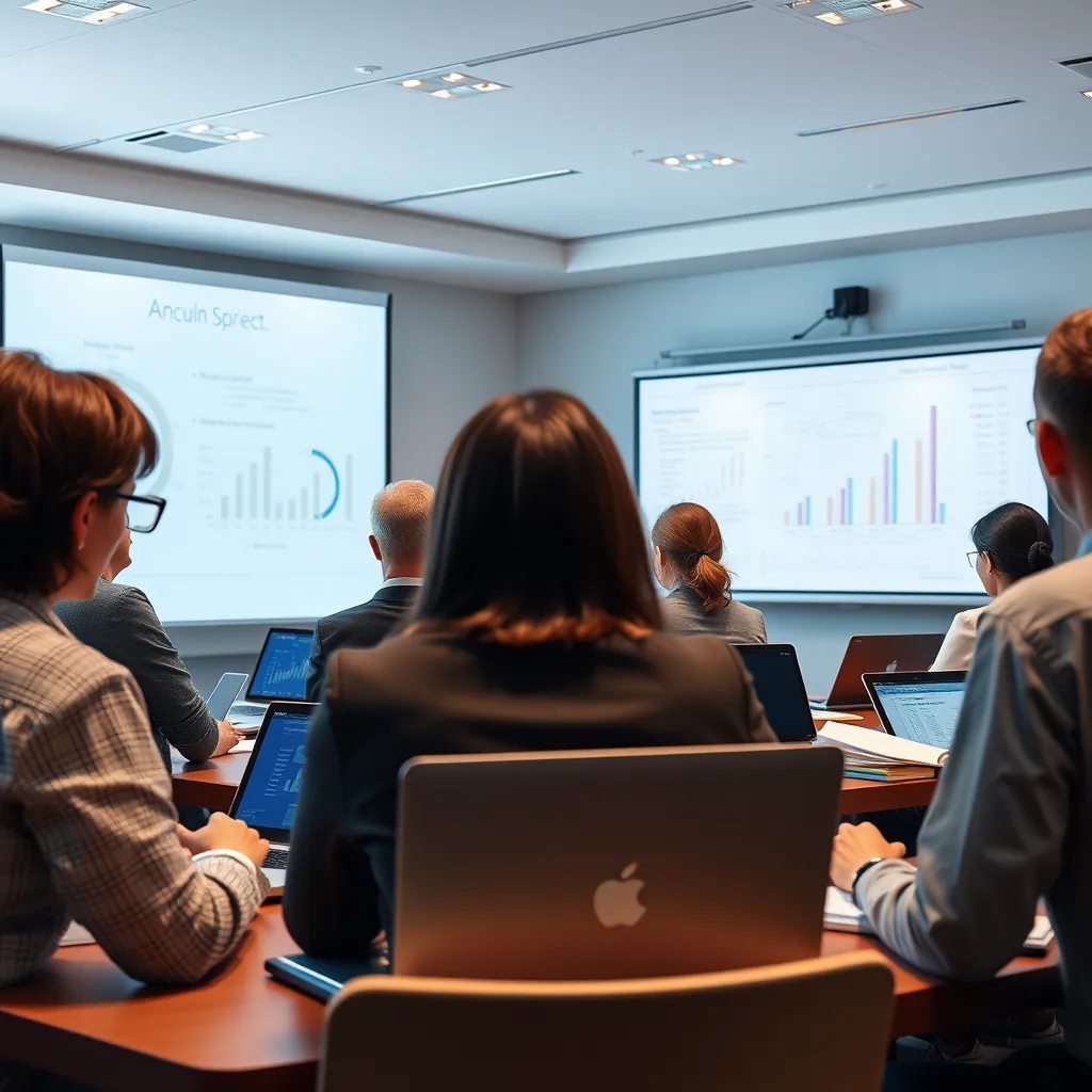 A group of accounting professionals attending a conference or training session, with laptops, presentation screens, and textbooks visible, while a whiteboard displays complex financial formulas and graphs.