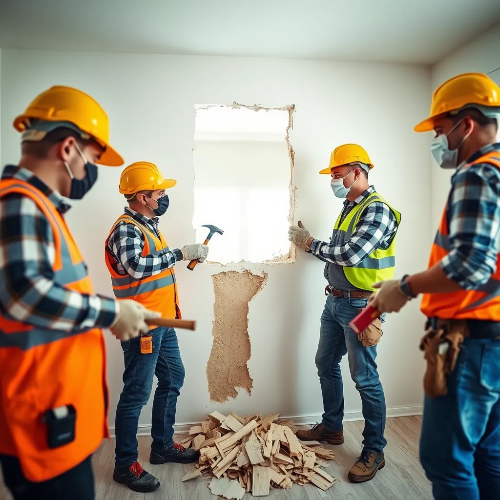 A group of construction workers wearing safety gear, including hard hats and gloves, are carefully removing a section of drywall from a wall in a residential home. The tools they are using include a pry bar, a hammer, and a dust mask. The room is well-lit and clean, and there is a pile of drywall debris on the floor. The image should capture the focus and professionalism of the workers.