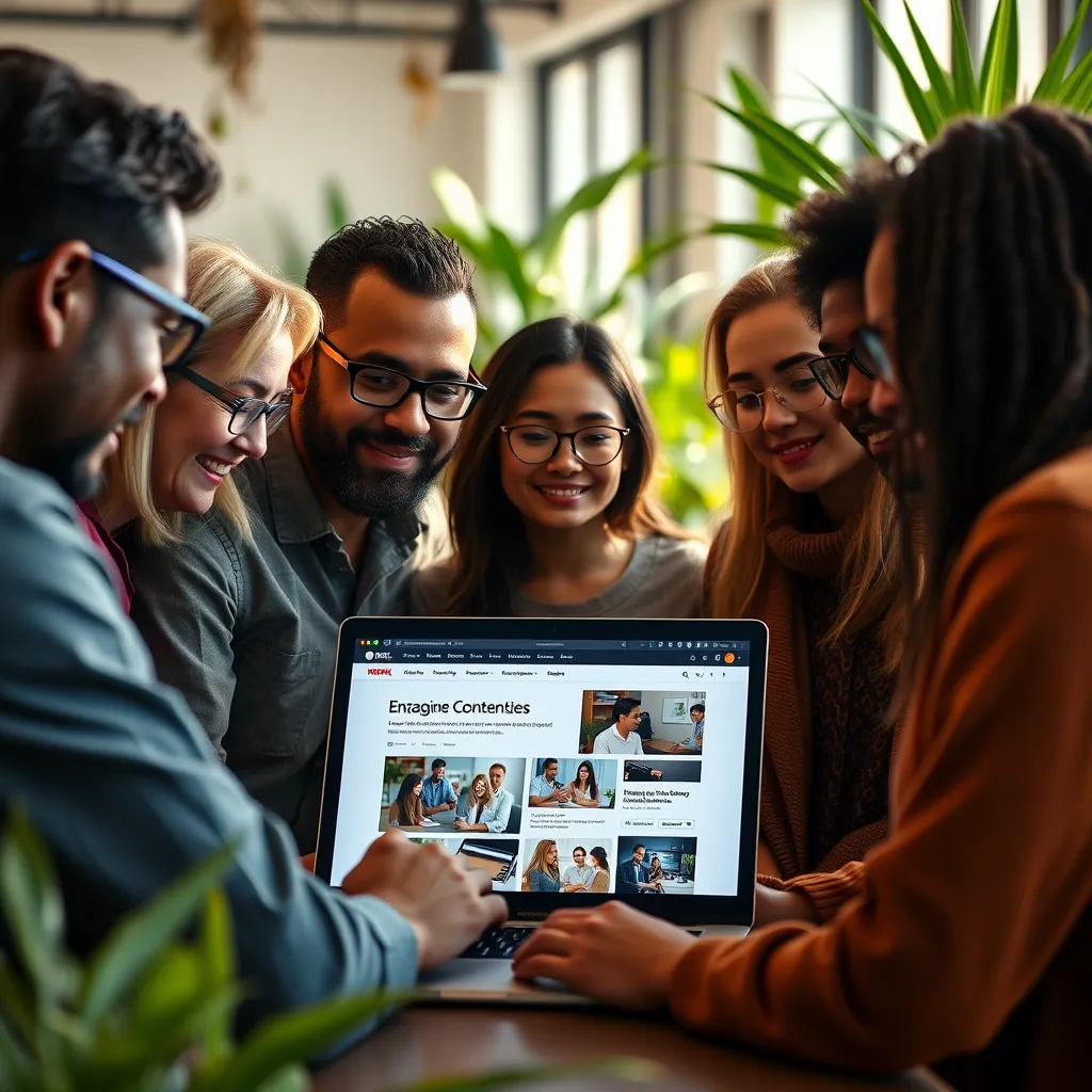 A group of diverse people looking at a laptop screen displaying a website with engaging content, showcasing a seamless user experience. The background could be a vibrant co-working space with plants and natural light.