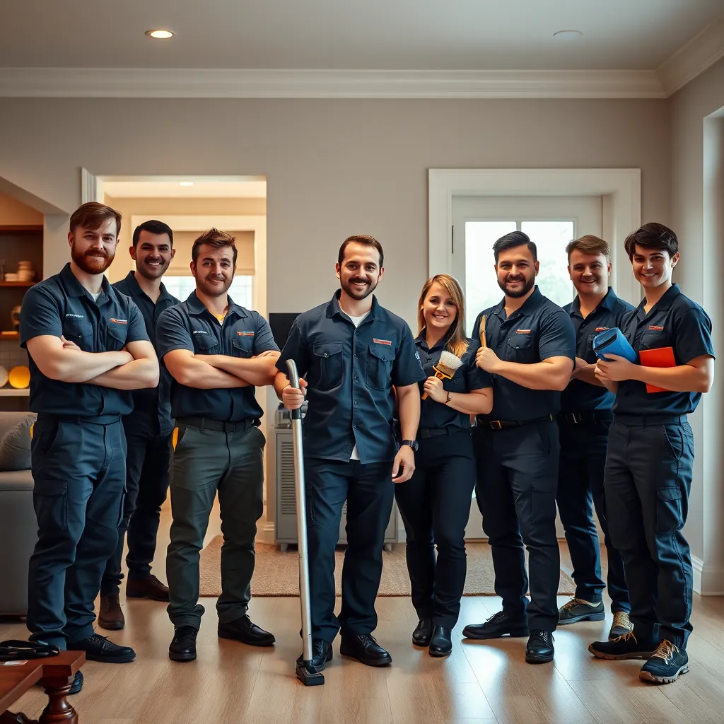  A group of friendly and professional technicians wearing uniforms and holding tools, such as a vacuum cleaner and brushes, are standing inside a house, looking at the camera and smiling. The background is a clean and spacious living room with a furnace in the corner.