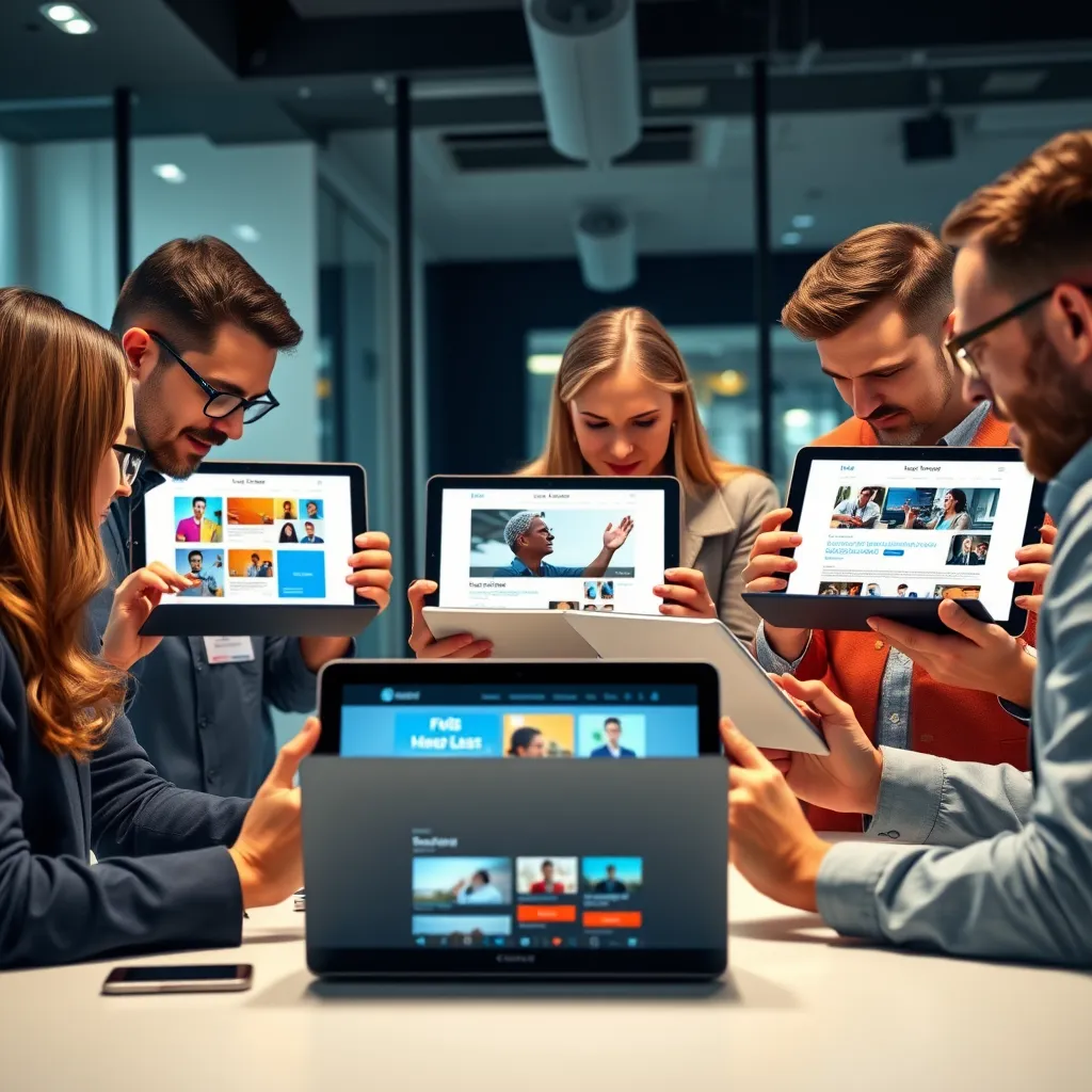 A group of people collaborating on a website design, using tablets and laptops. The scene is set in a modern office environment with a diverse group of individuals. The website designs on their screens are diverse and creative, showcasing a wide range of customization possibilities.