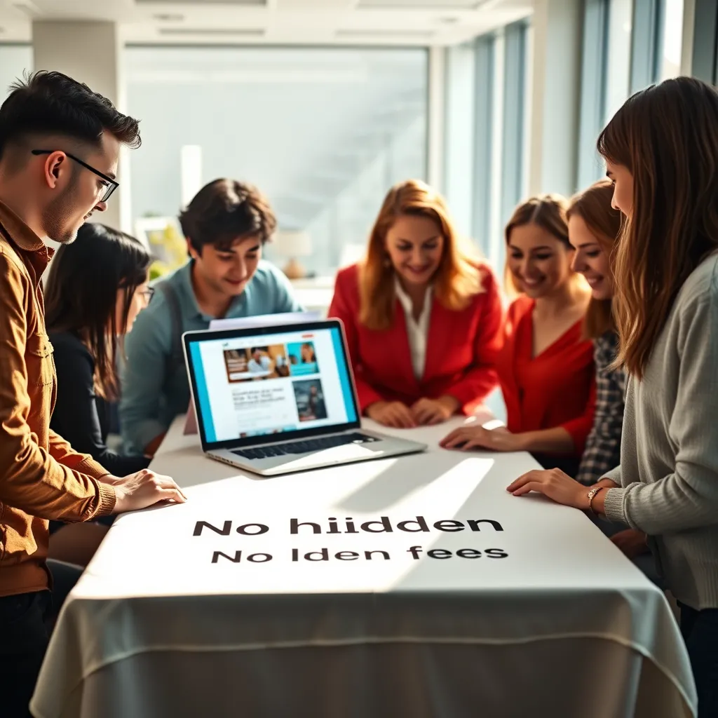 A group of people gathered around a table, looking at a laptop with a website on the screen. The table is covered with a white cloth with a 'No hidden fees' sign on it. The background is a bright office space with sunlight streaming through the window.