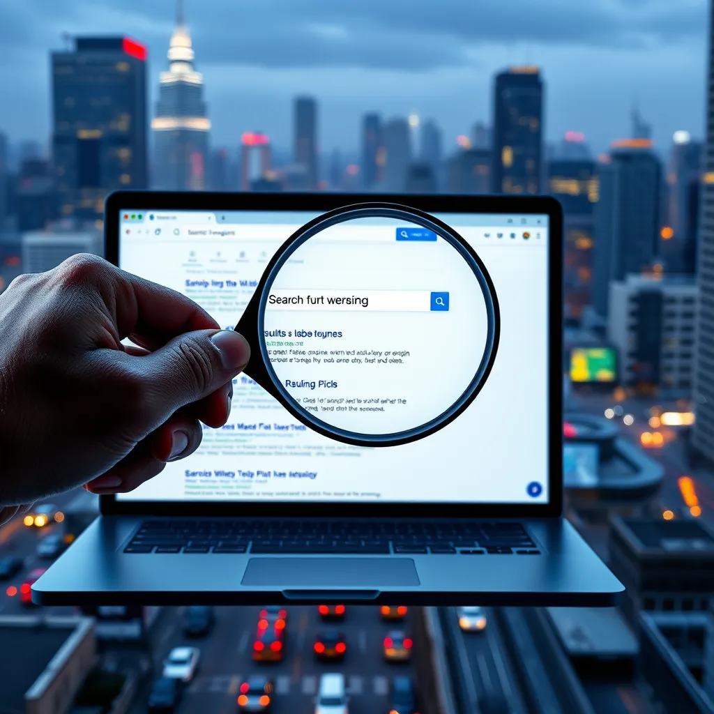 A hand holding a magnifying glass over a laptop screen displaying a search engine results page with a website ranking high. The background should depict a busy cityscape with skyscrapers and traffic.