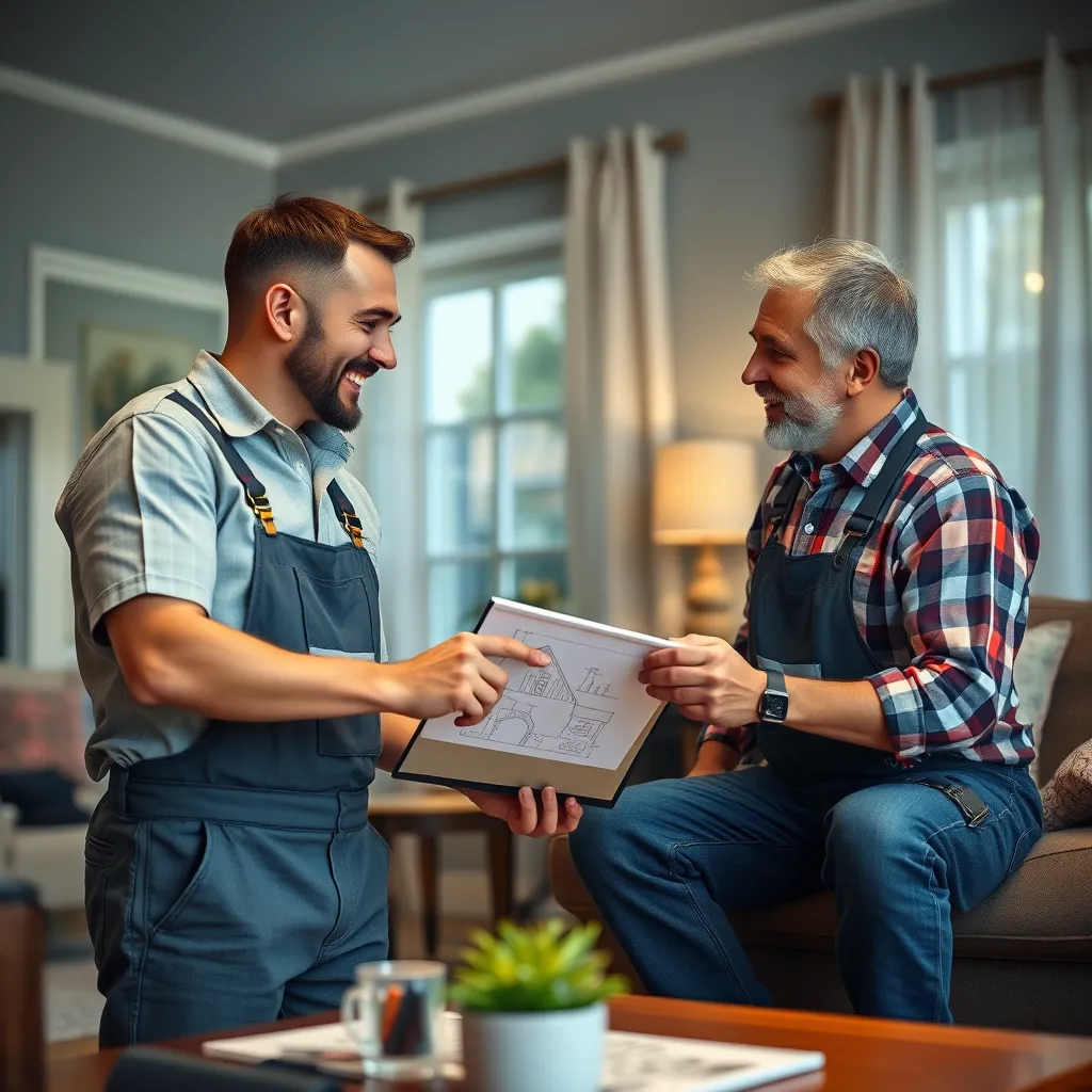 A handyman is having a friendly conversation with a homeowner in their living room, while pointing at a sketch on a notepad. The scene showcases a warm, inviting atmosphere, highlighting the importance of personalized service and communication.