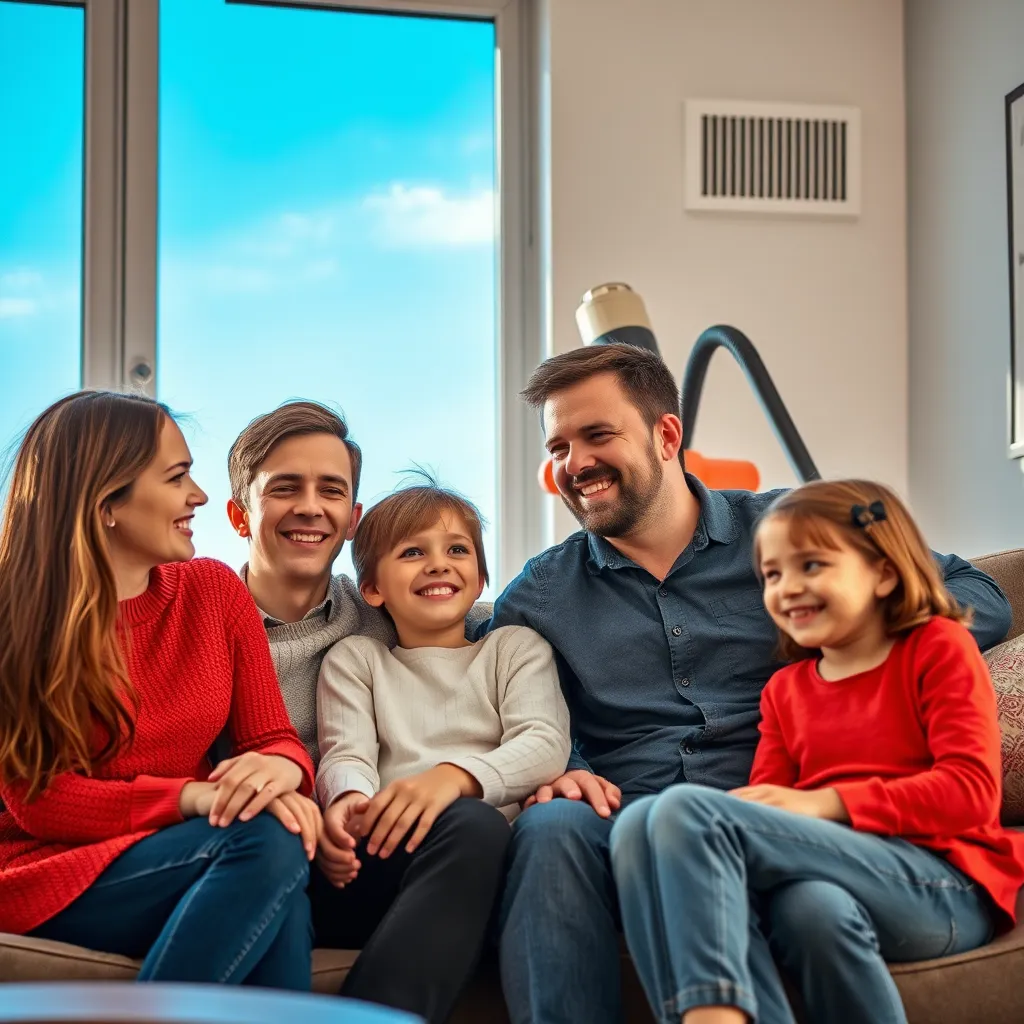 A happy family sitting in a living room, with a clear blue sky visible through a window, and a professional duct cleaner in the background using a vacuum cleaner to clean air ducts. The image should be bright and cheerful, showcasing a clean and healthy environment. 