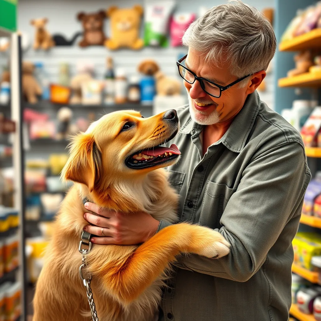 A heartwarming image of a pet owner interacting with their dog or cat in a pet store setting. The focus should be on the positive bond between the pet and owner, showcasing the joy and happiness that pets bring. The image should include a variety of pet products in the background, subtly conveying the store's offerings.