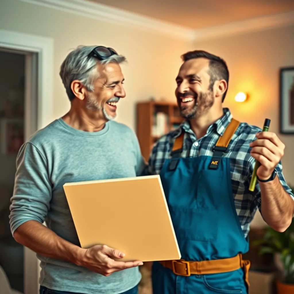 A heartwarming image showcasing a happy homeowner interacting with a handyman, who is holding a finished project, a newly painted wall. The homeowner should be expressing gratitude, while the handyman is smiling with pride and satisfaction. The background should be a home interior with warm lighting, emphasizing the positive outcome and happy customer experience.