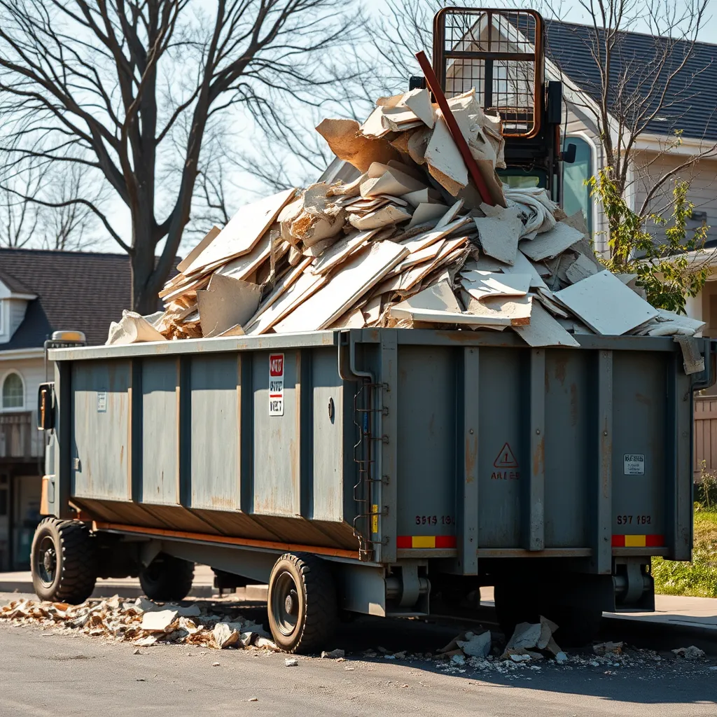 A large dumpster is filled with old drywall and stucco debris. The dumpster is in a residential neighborhood and is being loaded by a construction worker with a forklift. The image should be bright and clean and have a focus on the responsible disposal of construction waste.