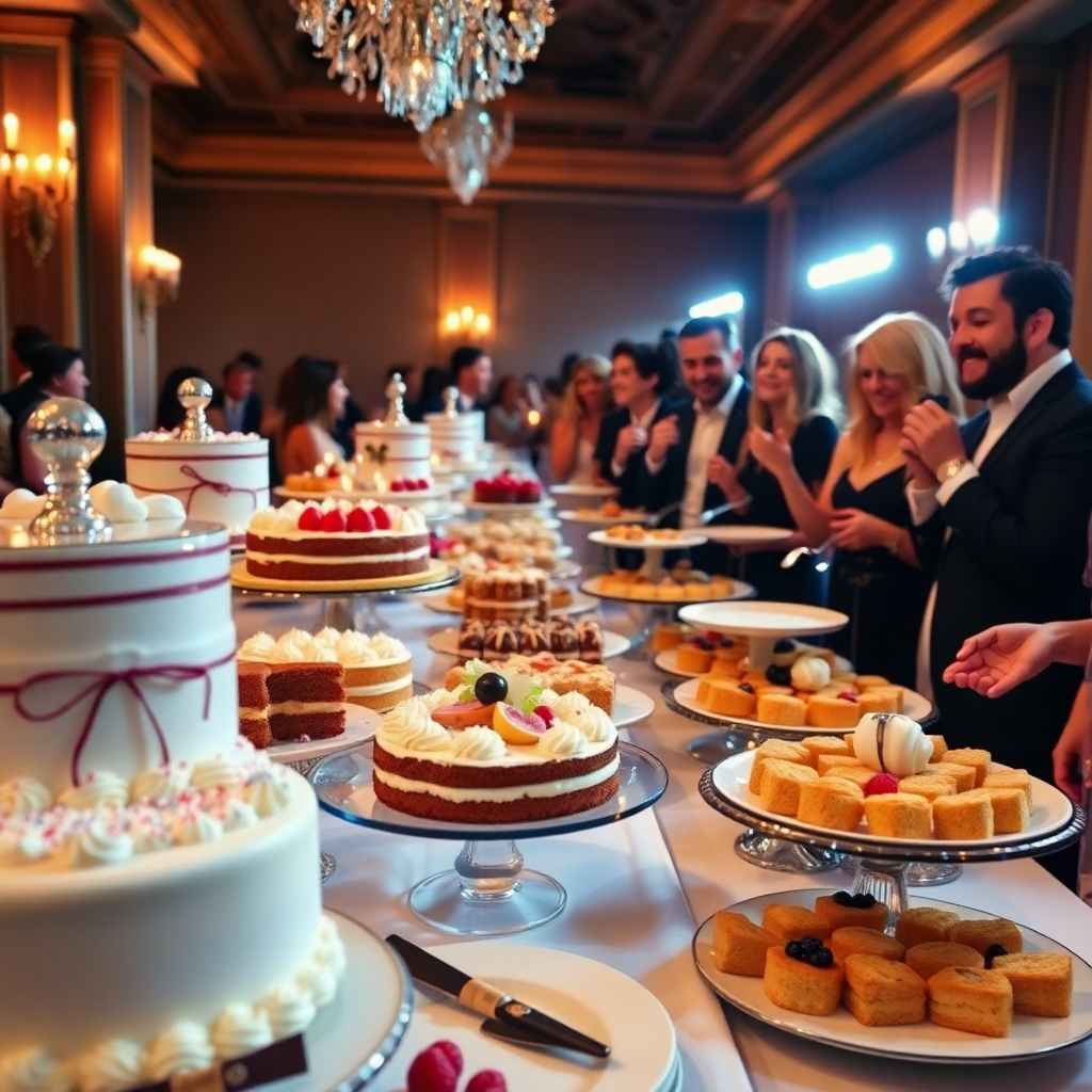 A lively image showcasing an elegant dessert table at a catered event, filled with a variety of cakes, pastries, and treats. The lighting is warm and inviting, creating an atmosphere of celebration. The camera angle is engaging, capturing the delicious spread as well as guests enjoying the offerings. Props should include plates and serving utensils. The integration of joyful people enjoying the event contextualizes the service's impact. Technical specs should focus on detail and vibrancy to highlight the culinary artistry.