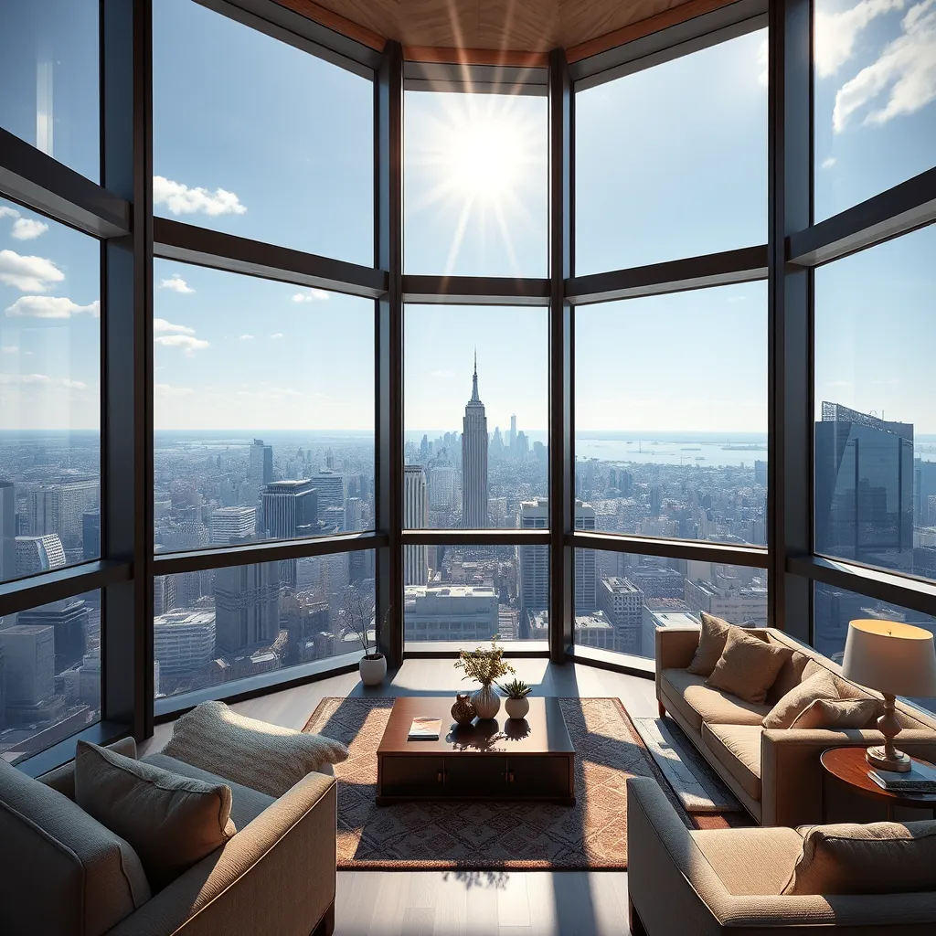 A living room with large windows showcasing a breathtaking cityscape view. Sunlight streams through the windows, illuminating the comfortable furniture and stylish decor. The image captures the warm and inviting atmosphere of a dream home.