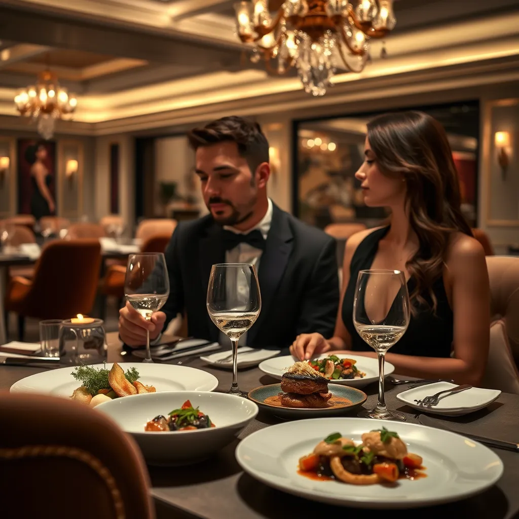 A luxurious and sophisticated image of a couple enjoying a romantic dinner at a prestigious Edmonton restaurant. The scene should be set in an elegantly designed dining room with soft lighting and plush furnishings. The couple is dressed in formal attire, creating an atmosphere of refined elegance. The image should showcase a carefully crafted multi-course meal presented with exquisite plating. The dishes should highlight fresh, seasonal ingredients and showcase culinary artistry.  The composition should emphasize the intimacy and exclusivity of the dining experience. The style should be photorealistic, with a focus on capturing the subtle details and textures of the food, the elegant décor, and the couple's intimate interaction.