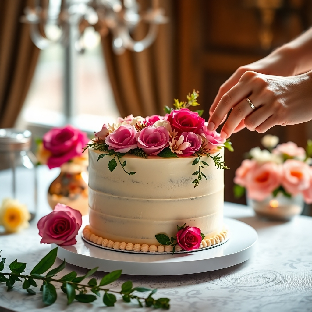 A luxurious setup showcasing a custom cake being decorated with fresh flowers and icing. The scene captures the intricate detailing and artist’s touch, with warm and bright lighting enhancing the artistic elements. The composition should be inviting and vividly display the beauty of custom cake creation, resonating with the 'Secret Sweets' identity.