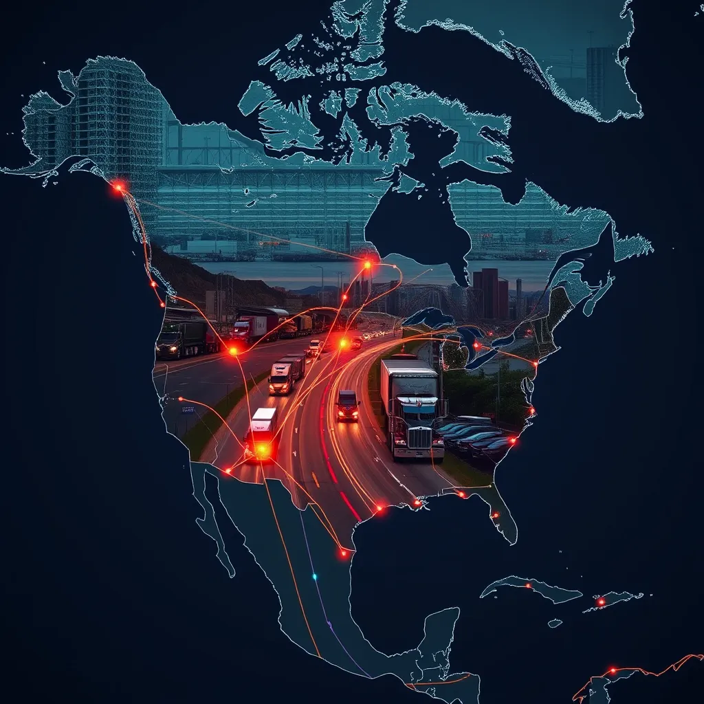 A map of North America with highlighted routes connecting major cities and industrial hubs, overlaid with images of semi-trailer trucks traversing highways and roads, representing the network of general freight transportation.