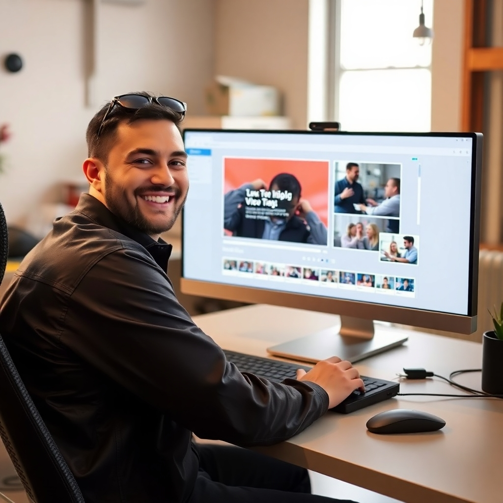 A mechanic sitting at a computer with a user-friendly video editing software interface. The screen displays a pre-designed video template with customizable elements, such as text placeholders, images, and video clips. The veterinarian smiles as they easily replace the template content with their own information.